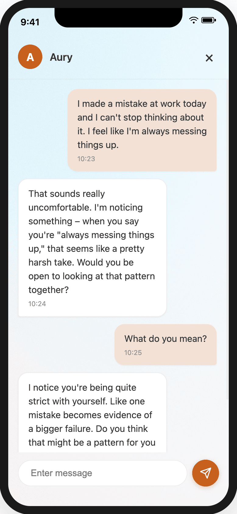 Aury chat conversation showing psychological counseling