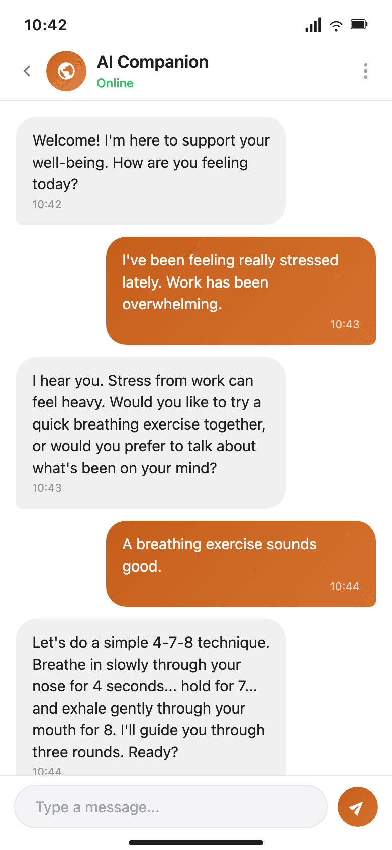 AI companion chat interface showing a wellness conversation with breathing exercise guidance