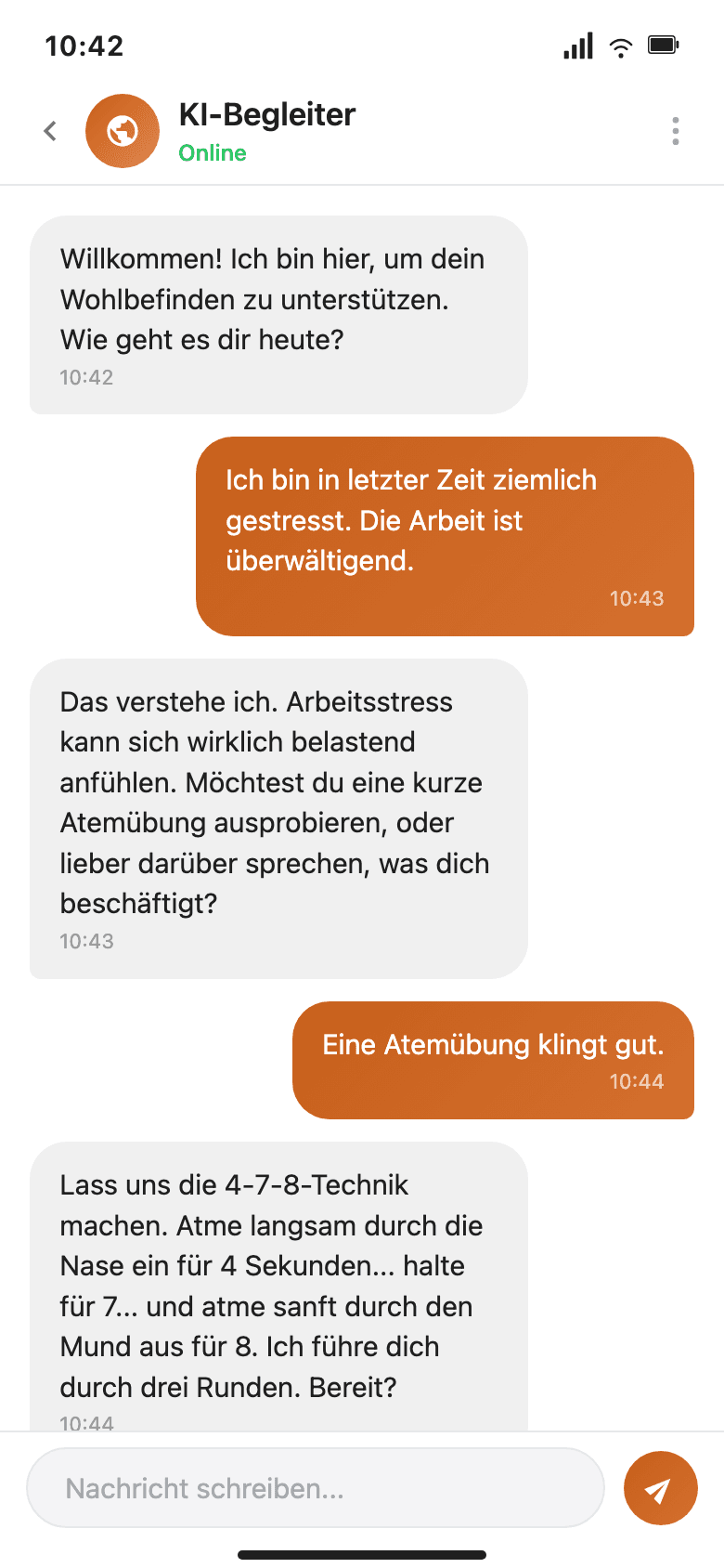 KI-Begleiter Chat-Oberfläche mit einem Wellness-Gespräch und Anleitung zur Atemübung